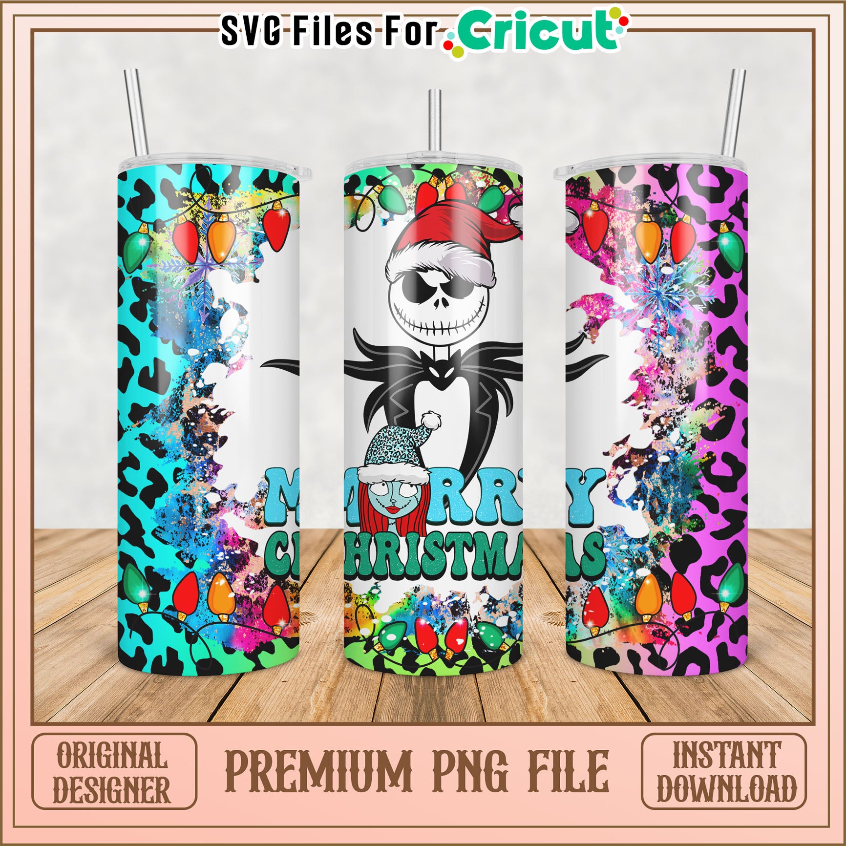 Premium Christmas Tumbler PNG File with Colorful Designs and Lights