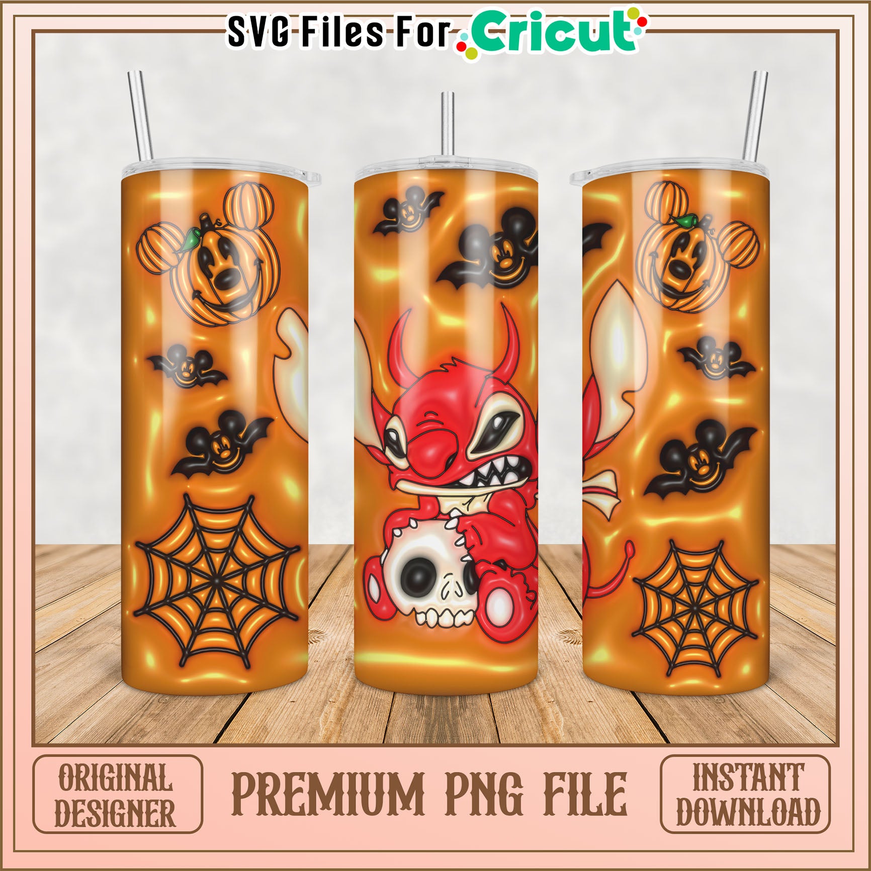 Premium Halloween Tumbler PNG with Mickey Mouse and Stitch Design
