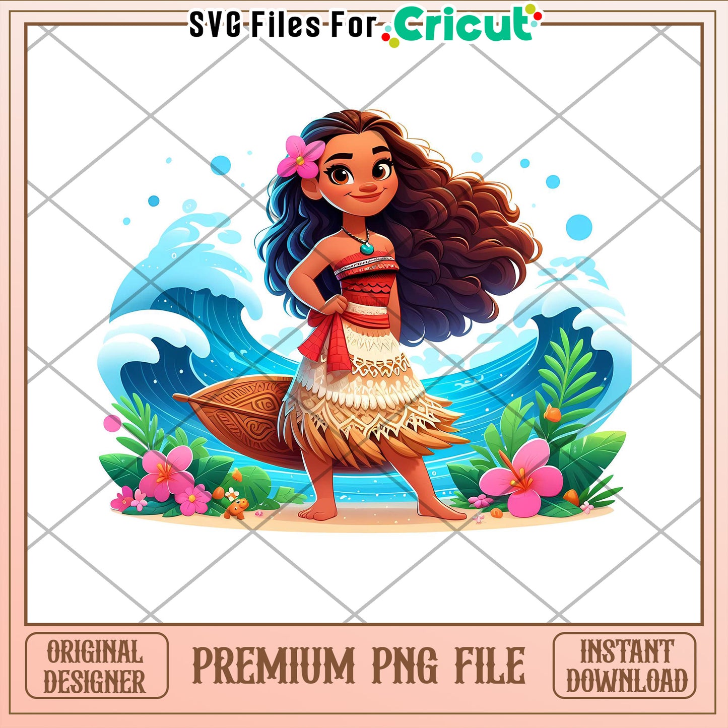 Premium PNG File of Island Girl with Tropical Flowers and Waves