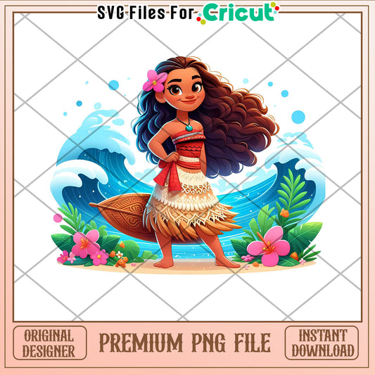 Premium PNG File of Island Girl with Tropical Flowers and Waves