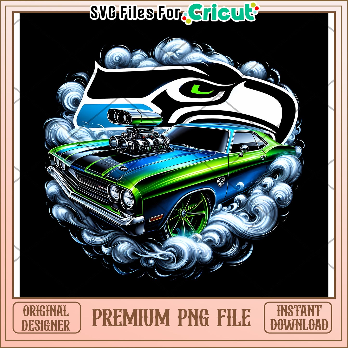 Premium PNG file of muscle car with Seahawks logo, instant download design