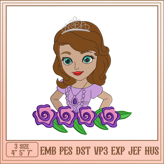 Princess Embroidery Design with Roses in Three Sizes 4 to 7 Inches