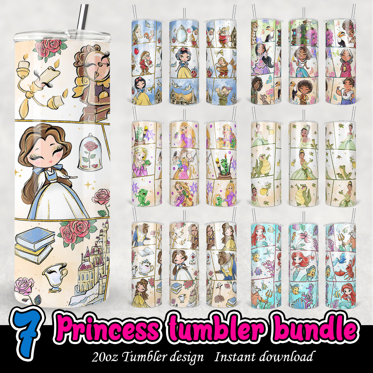 Disney Princess Tumbler Bundle, Princess cartoon 20oz tumbler wrap