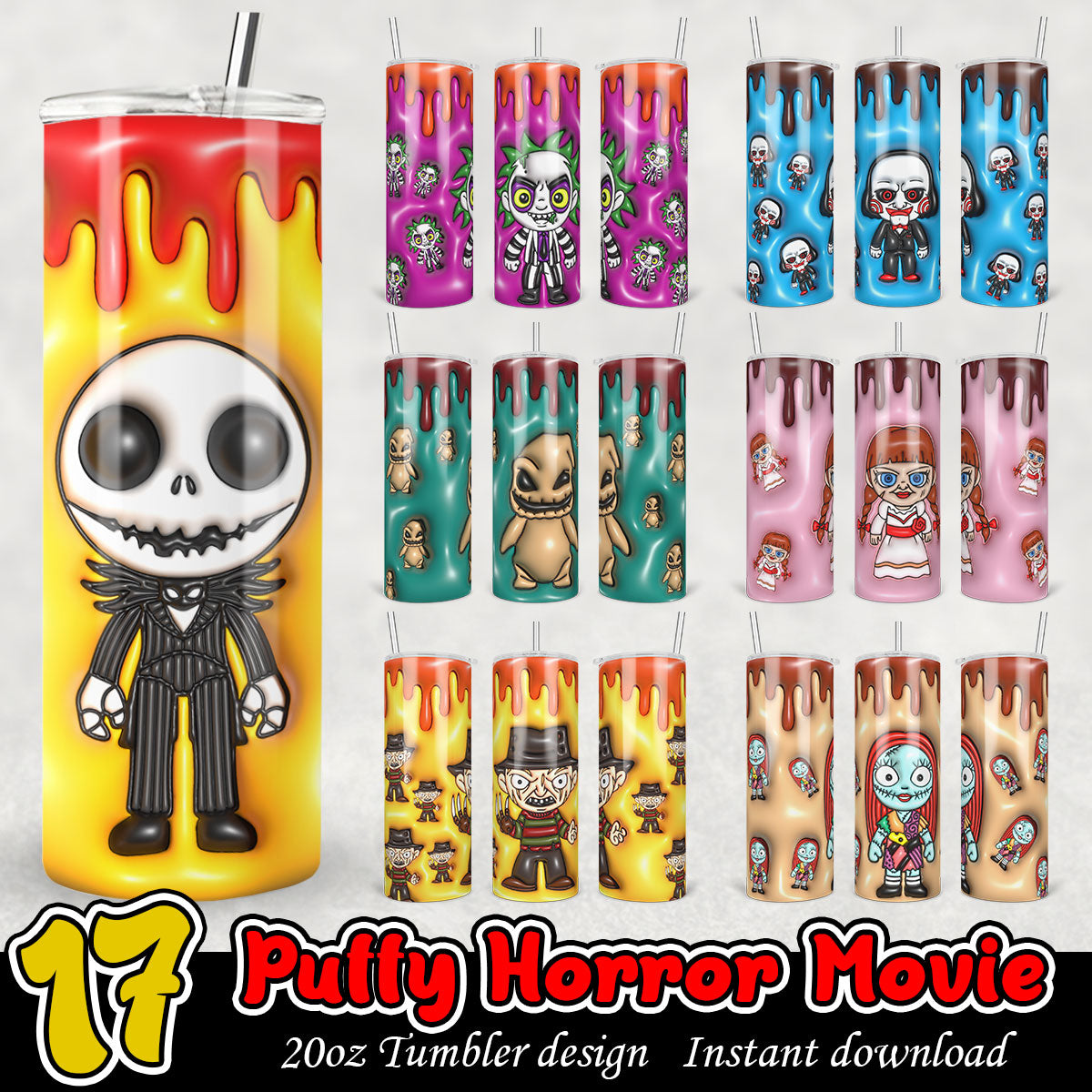Puffy Horror Movie Tumbler Bundle, Horror characters 20oz tumbler bundle
