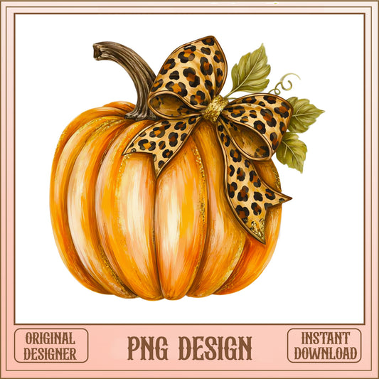 Pumpkin With Leopard Bow PNG, Fall Autumn Clipart, Halloween PNG