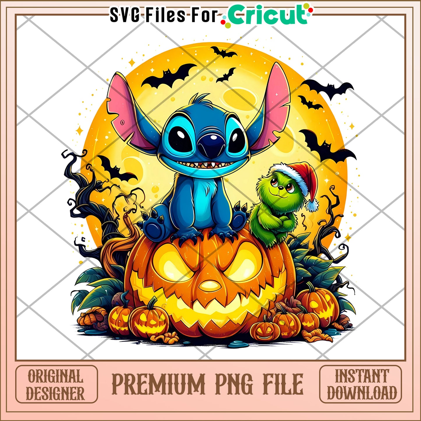 Pumpkin grinch and stitch design png, halloween for kids png, stitch cartoon png