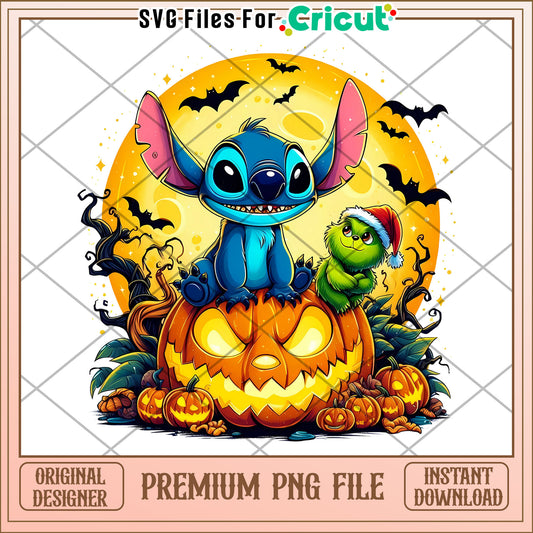 Pumpkin grinch and stitch design png, halloween for kids png, stitch cartoon png
