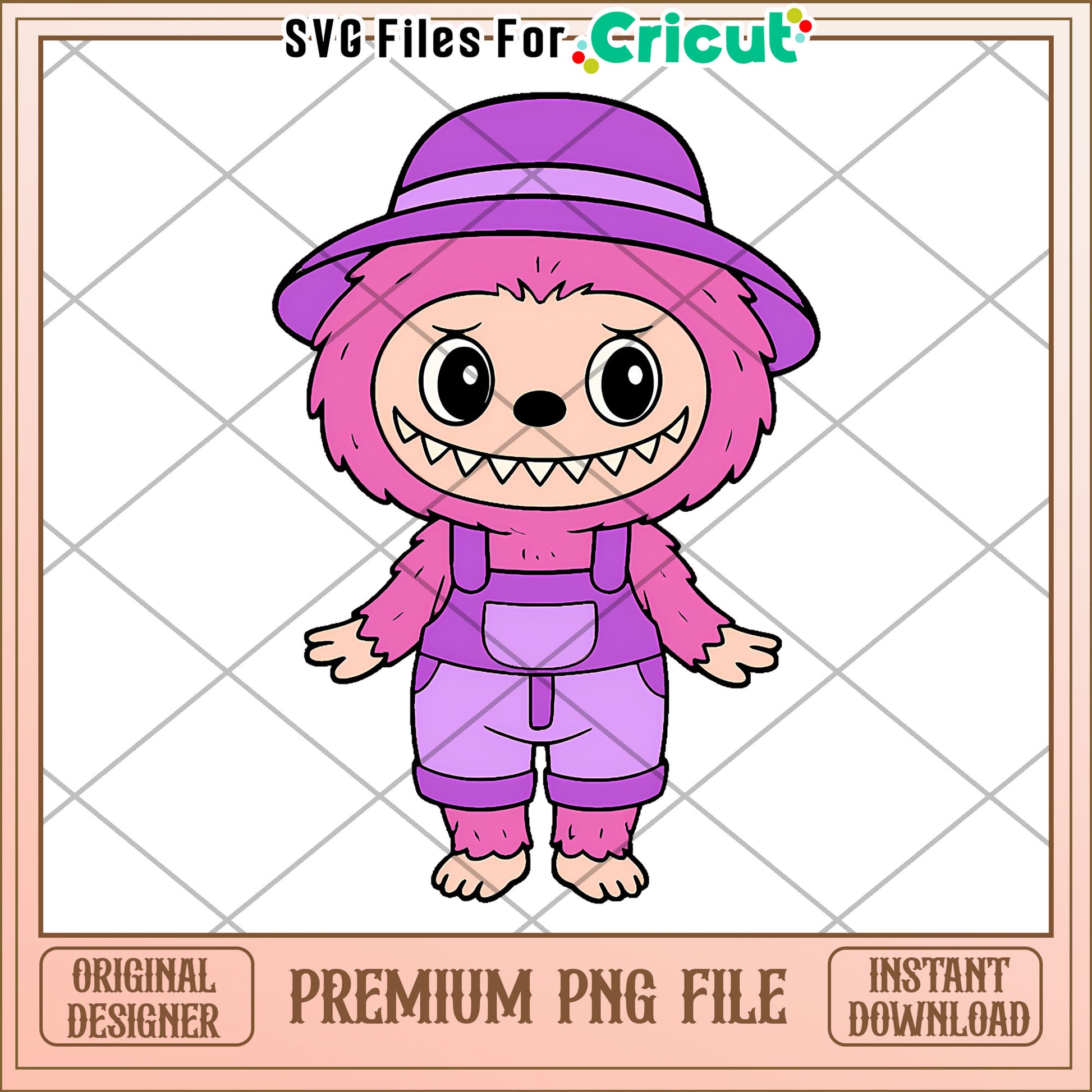 Purple hat and pink labubu png, lovely labubu​ png, halloween art​​​ png