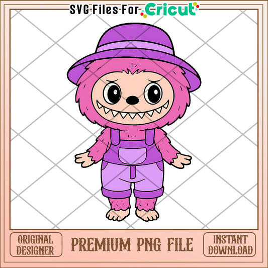 Purple hat and pink labubu png, lovely labubu​ png, halloween art​​​ png