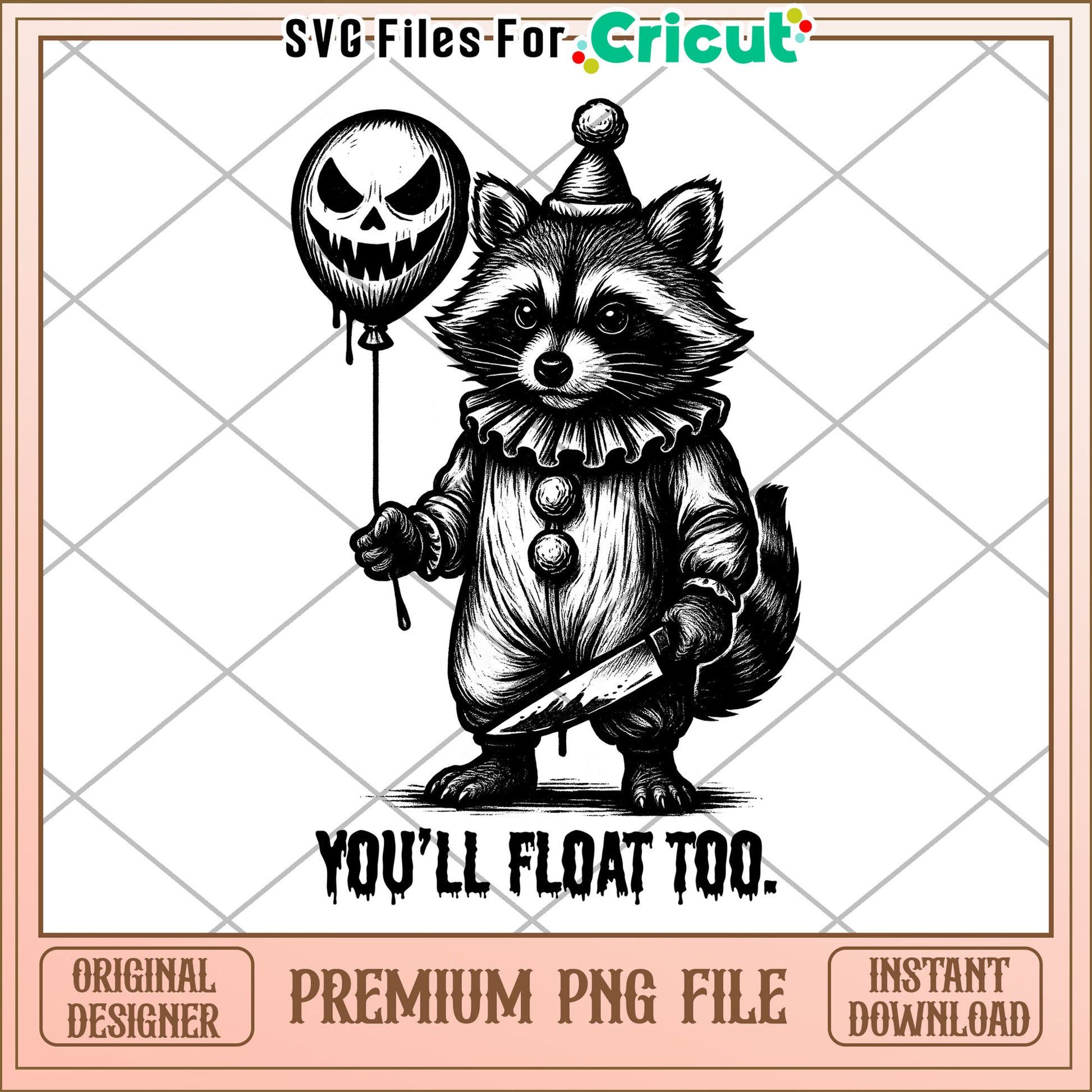 Raccoon you will float too png, halloween png, spooky season png