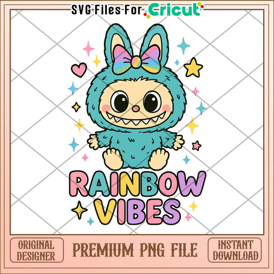 Rainbow vibes labubu png, labubu memes png, labubu quotes png