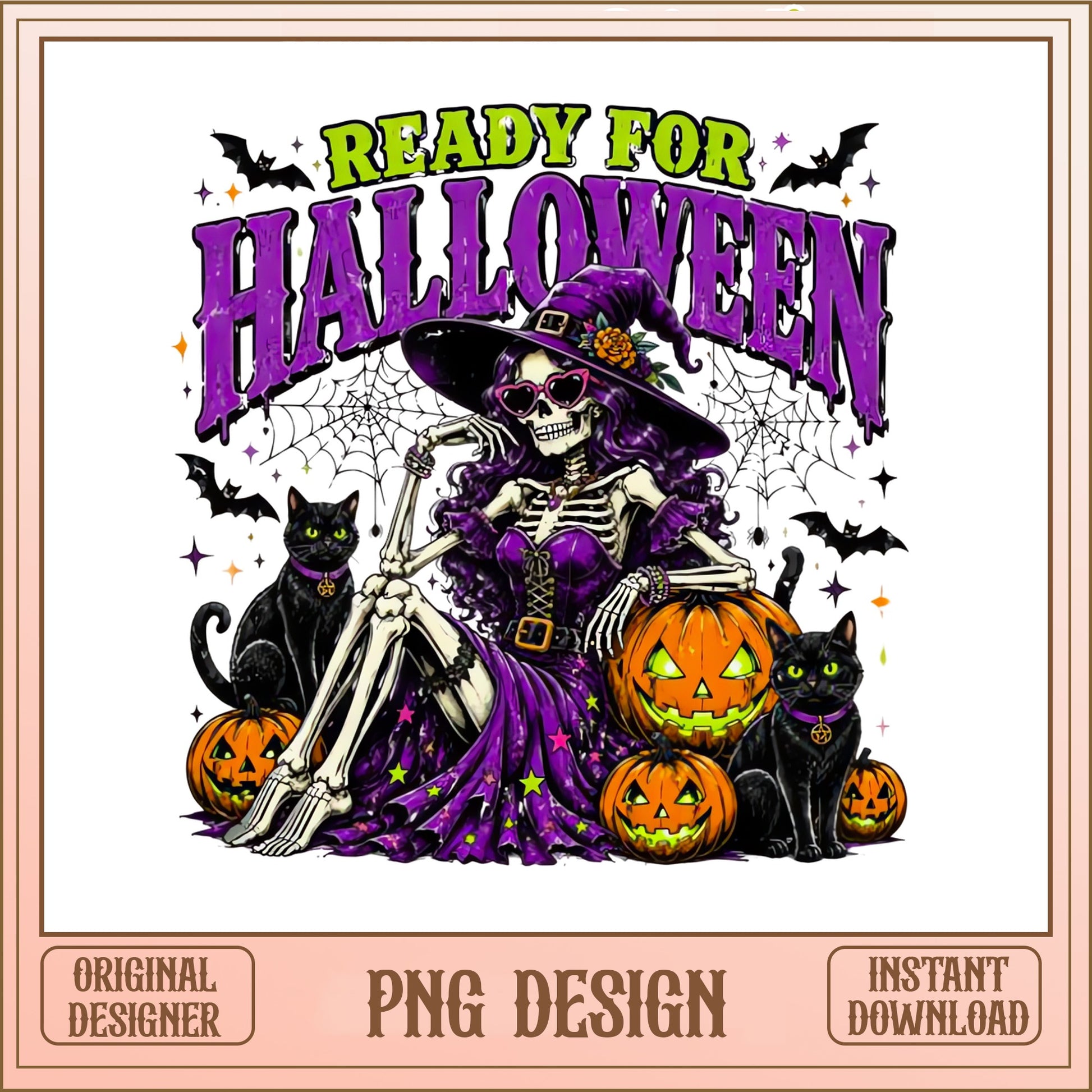 Ready For Halloween Skeleton Witch PNG, Black Cat PNG, Pumpkin PNG