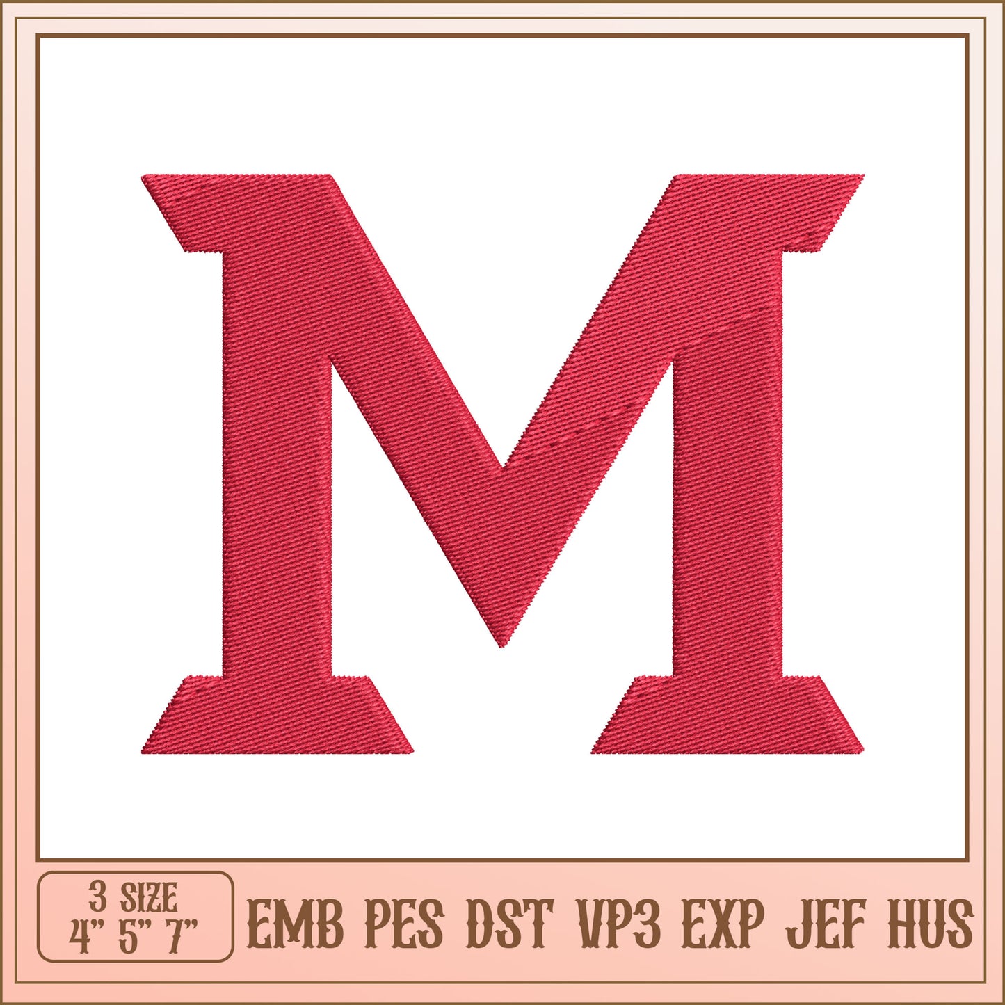 Red Letter M Embroidery Design in Three Sizes for Projects