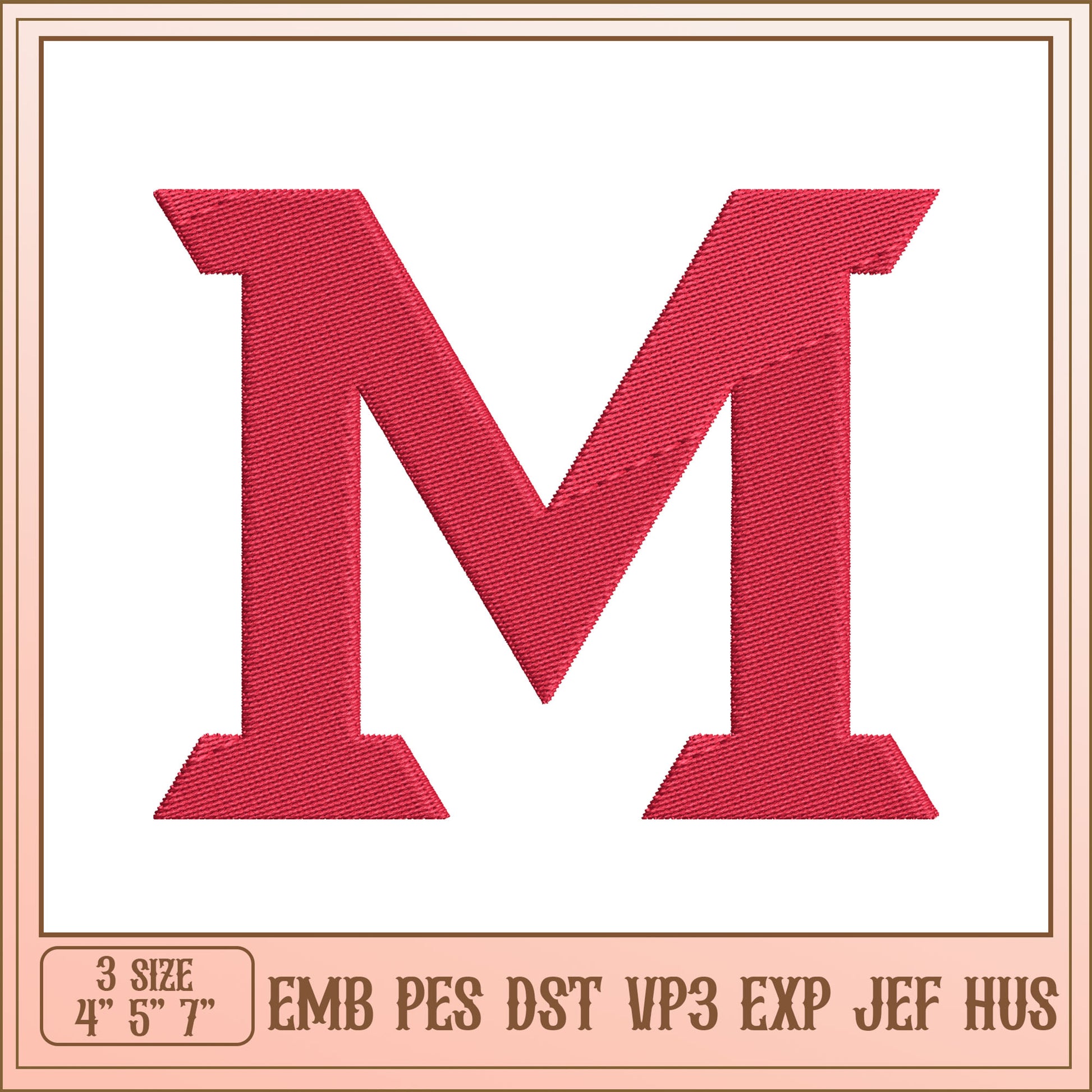 Red Letter M Embroidery Design in Three Sizes for Projects