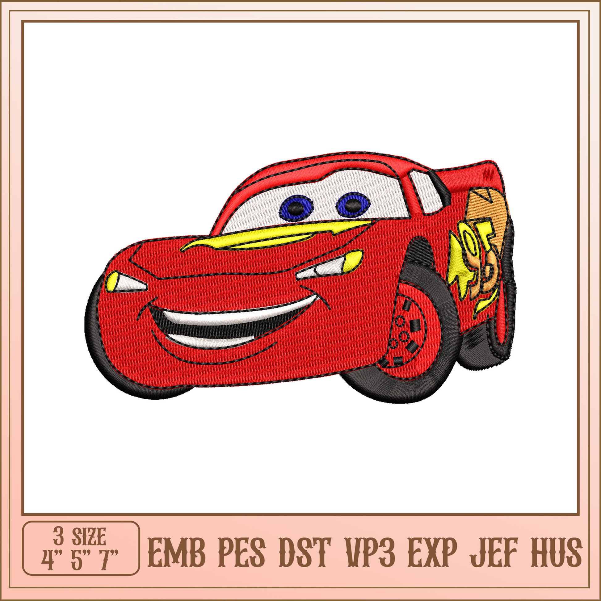 Red Lightning McQueen Embroidery Design for Kids Crafts 4 to 7 Inches