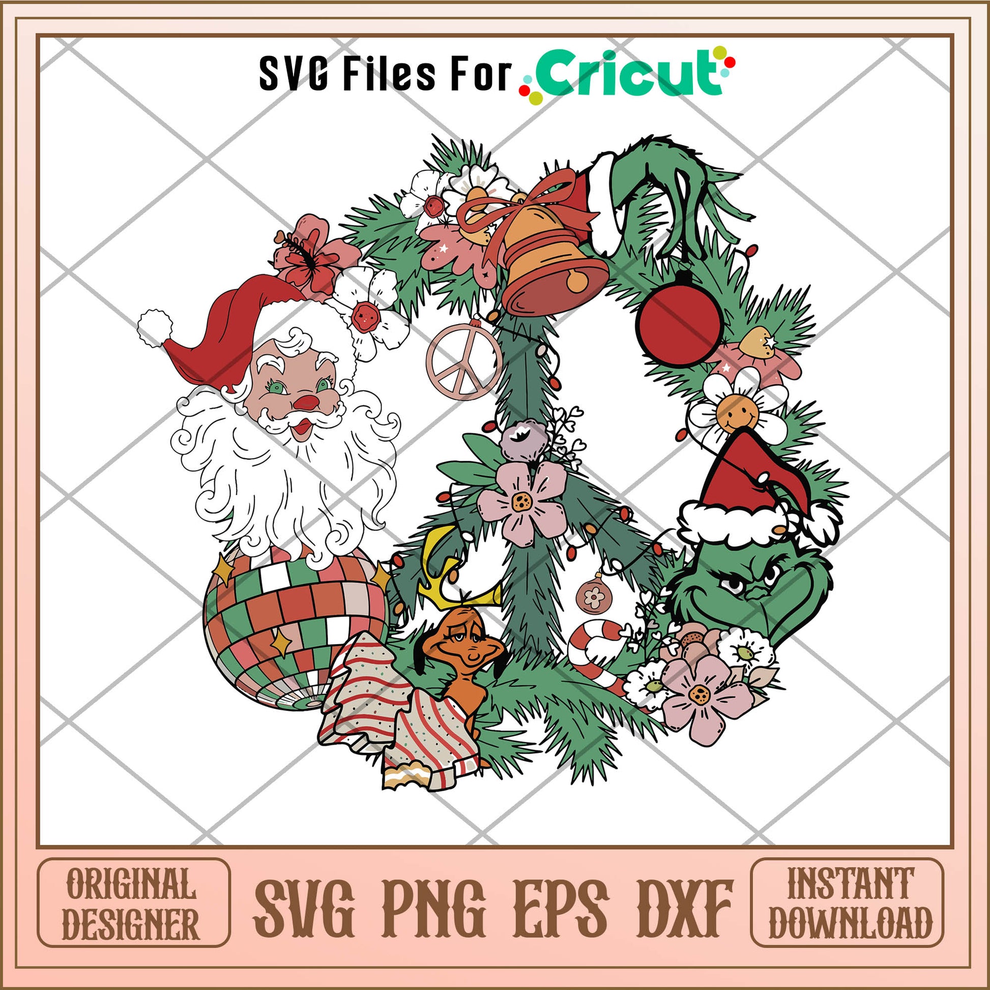 Retro Christmas Wreath Santa Claus And Grinch SVG grinch wreath decorations​ svg