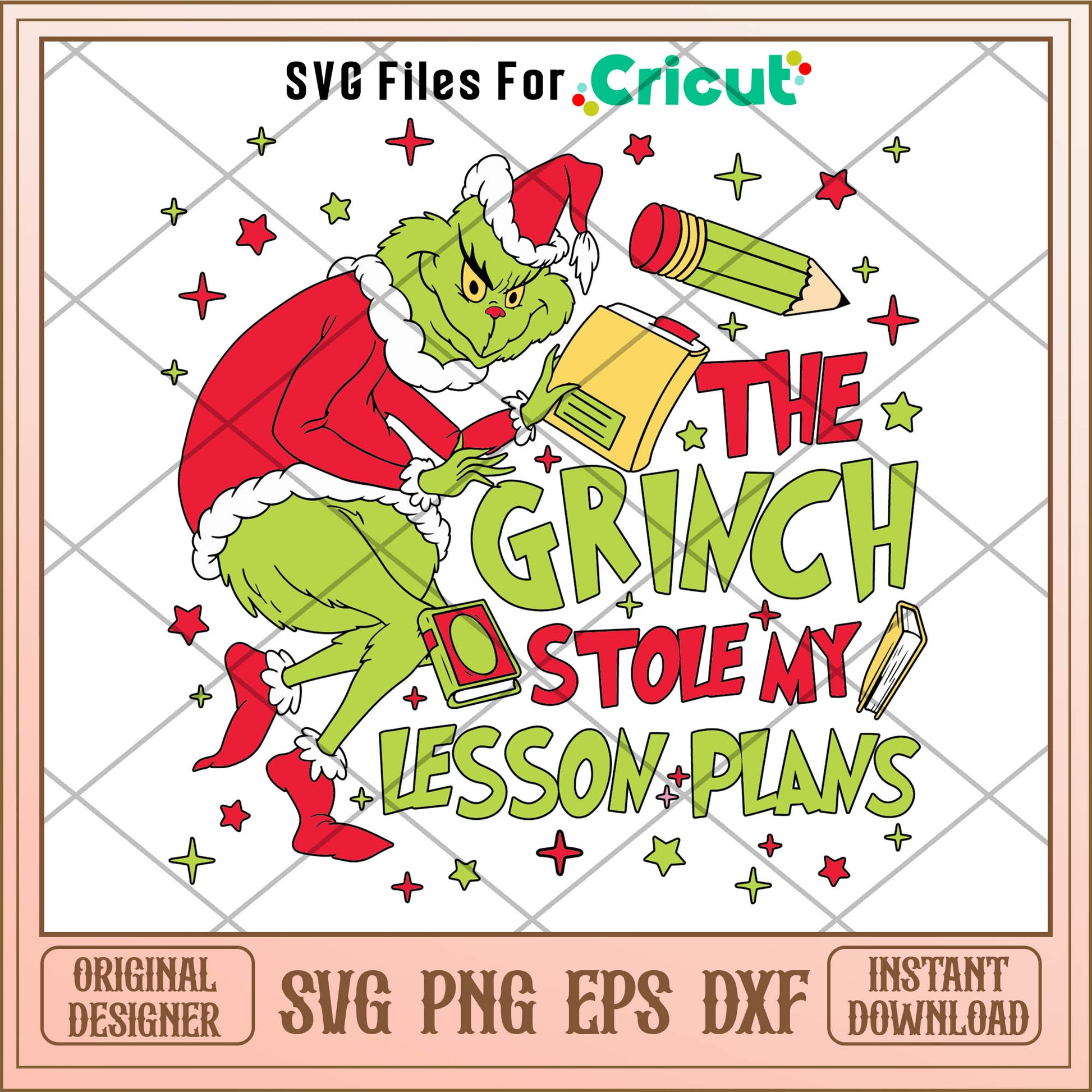 Retro Grinch Stole My Lesson Plans SVG, the grinch tiptoeing​ svg