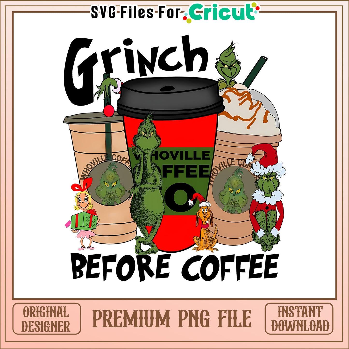 Retro Grinch before coffee whoville png, christmas ornaments retro​ png