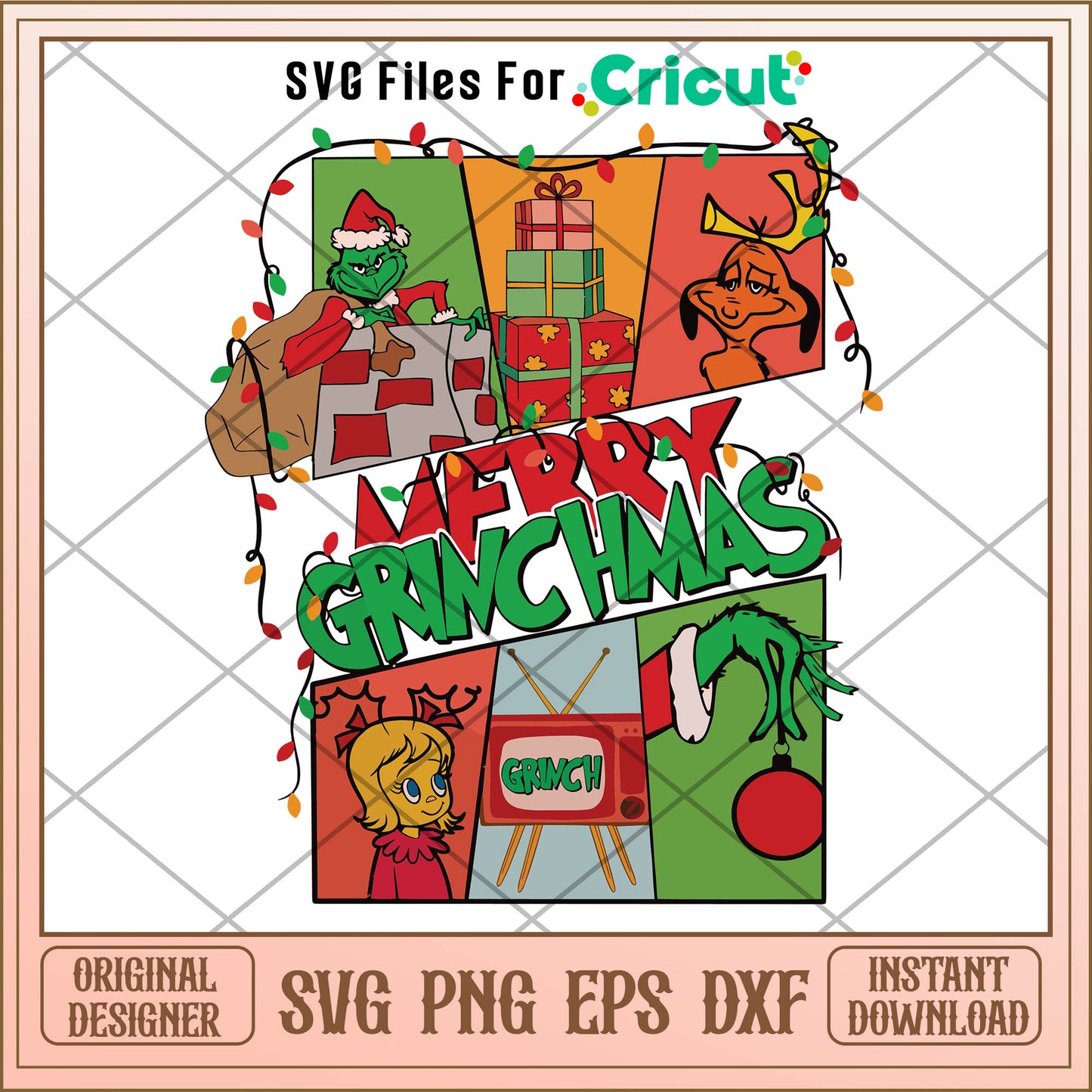 Retro Merry Grinchmas Lights SVG, grinch hand holding ornament svg​