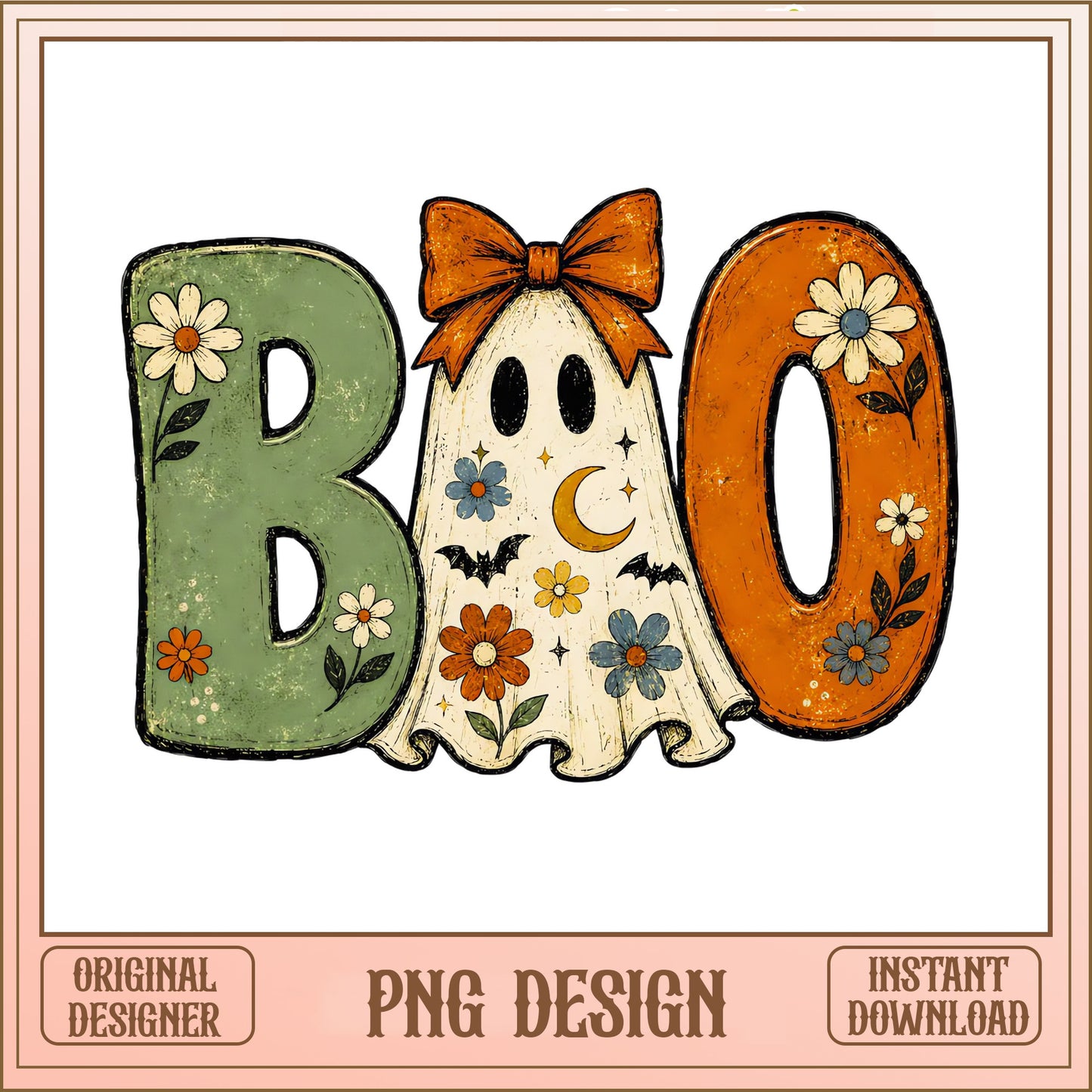 Retro Boo Ghost Floral Halloween PNG, Groovy Ghost PNG, Halloween PNG