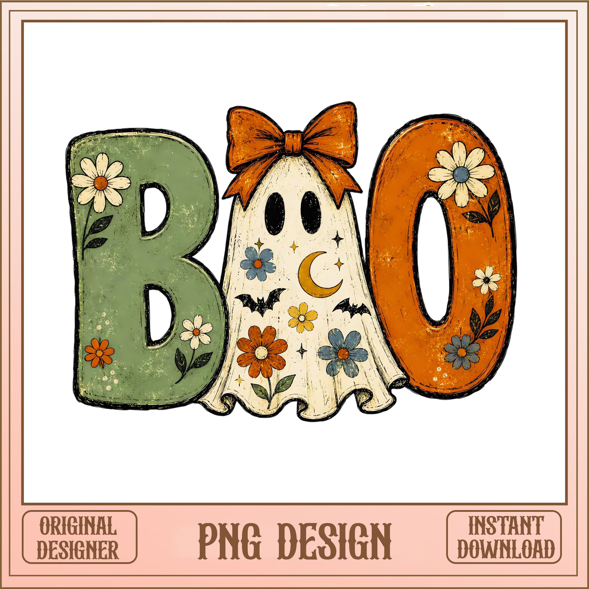 Retro Boo Ghost Floral Halloween PNG, Groovy Ghost PNG, Halloween PNG
