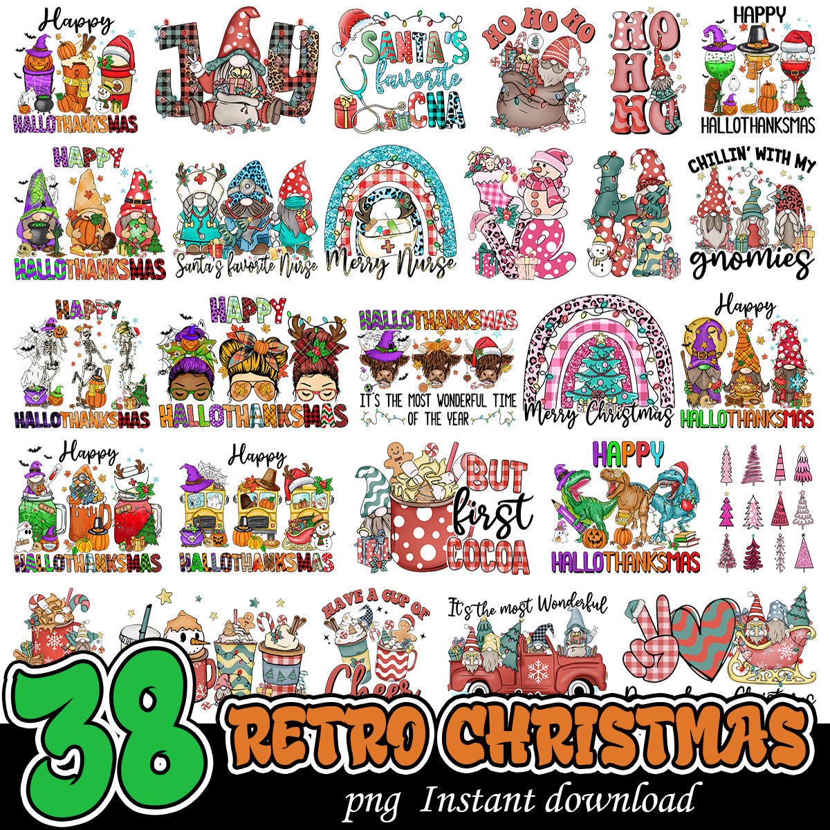 Retro Hallothanksmas png bundle, Christmas bundle, Retro Christmas png