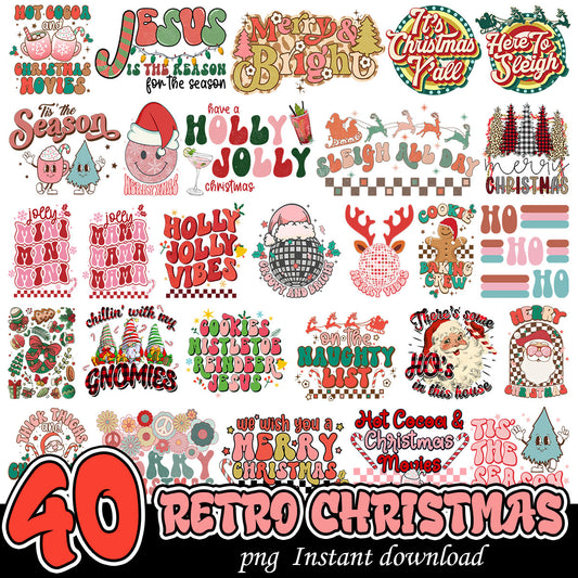 Retro Christmas holly jolly png bundle, Christmas bundle, Retro Christmas png