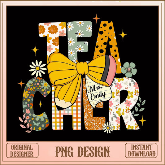 Retro Floral Teacher Bow PNG, Back To School PNG, Teacher Gift PNG