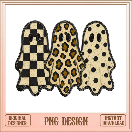 Retro Ghost Trio PNG, Halloween Leopard Checkered Ghost, Spooky PNG