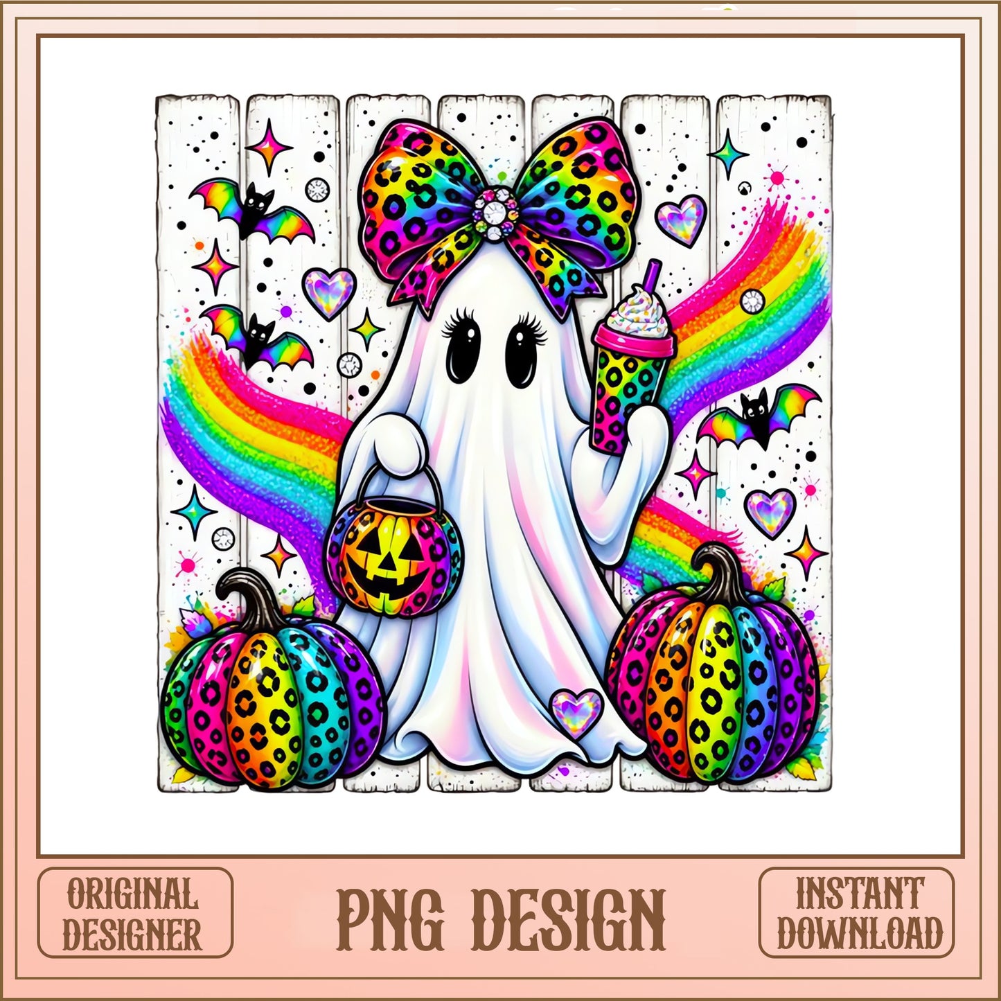 Retro Ghost With Bow Halloween PNG, Leopard Pumpkin PNG, Spooky PNG