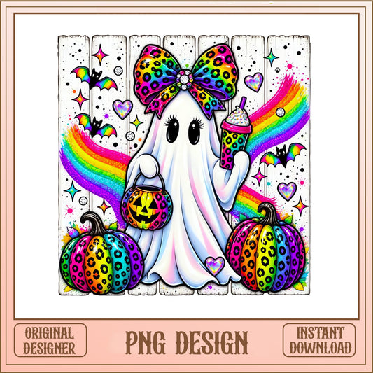 Retro Ghost With Bow Halloween PNG, Leopard Pumpkin PNG, Spooky PNG