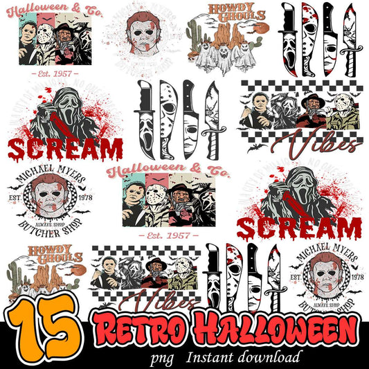 Retro Halloween Characters Bundle PNG, Horror killers bundle