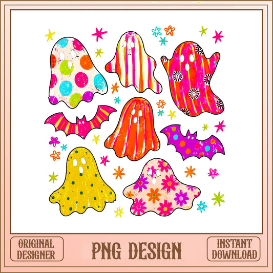 Retro Halloween Ghost Bundle PNG, Cute Groovy Ghost PNG, Bat PNG