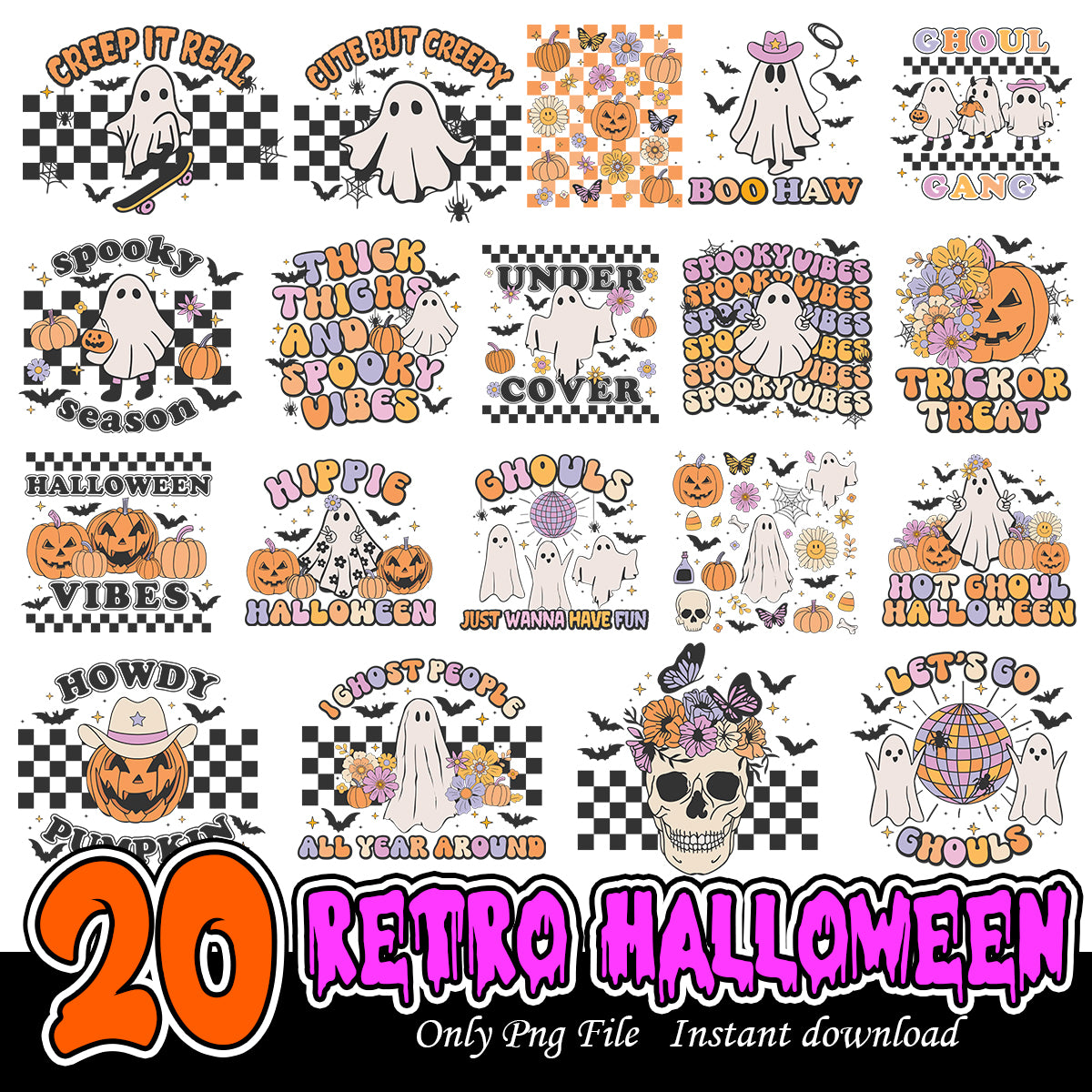 Retro Halloween art Png Bundle, Halloween spooky vibes art bundle