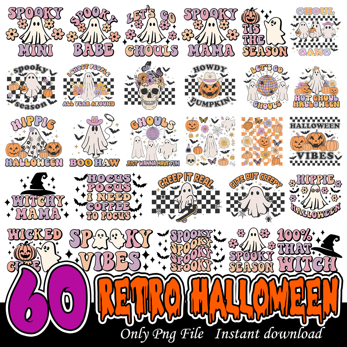 Retro Halloween ghouls Png Bundle, Halloween spooky vibes art bundle