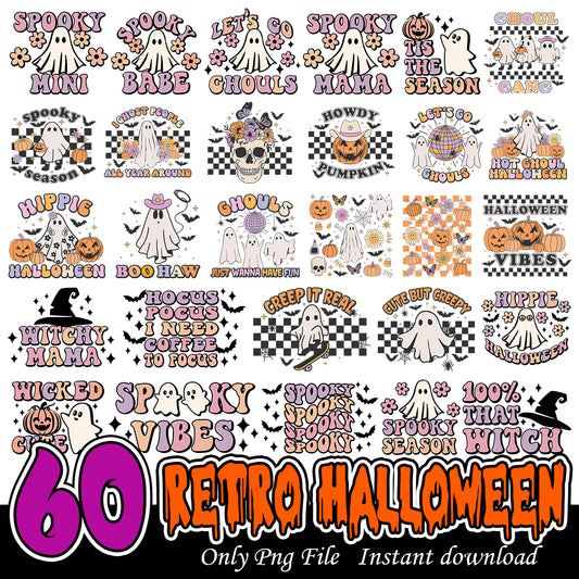 Retro Halloween ghouls Png Bundle, Halloween spooky vibes art bundle