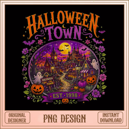 Retro Halloween Town PNG, Haunted Village Est 1998 PNG, Spooky Halloween PNG