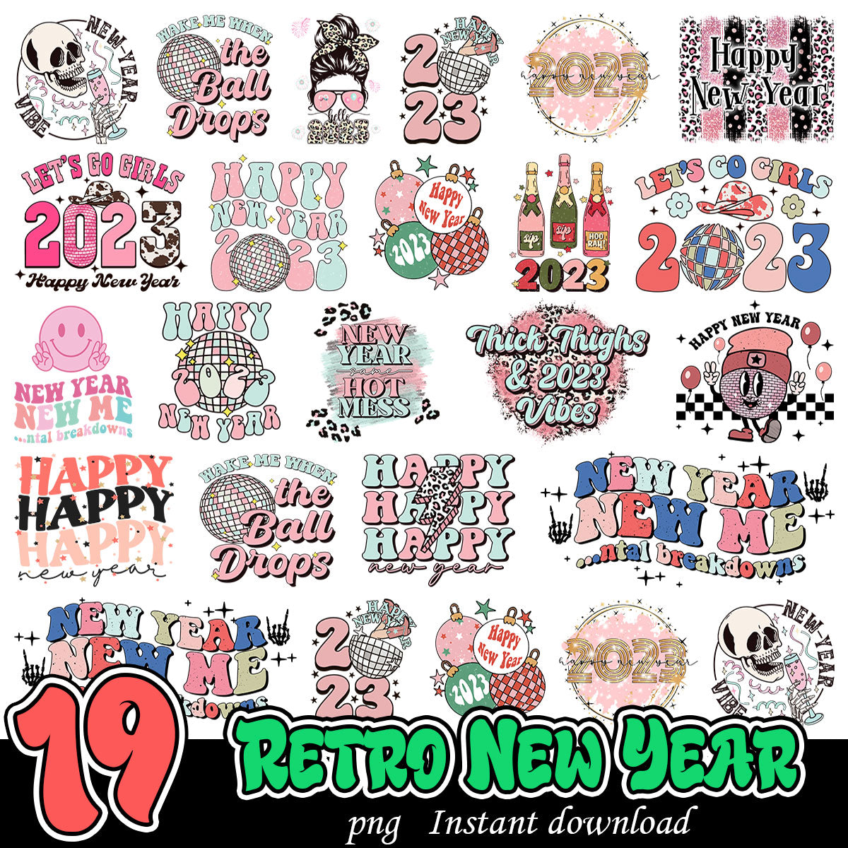 Retro New Year Bundle Png, New year retro art png bundle
