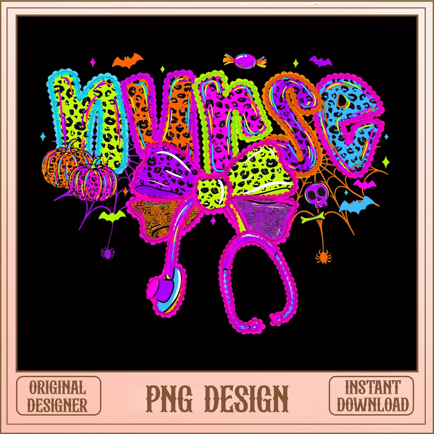 Retro Nurse Halloween PNG, Leopard Neon Sublimation Design, Spooky Nurse PNG