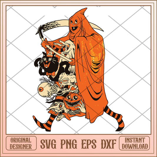 Retro Skeleton Pumpkin Halloween svg, halloween characters svg, digital download
