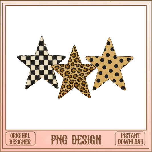 Retro Stars PNG Bundle, Leopard Checkered Polka Dot Stars, Star PNG