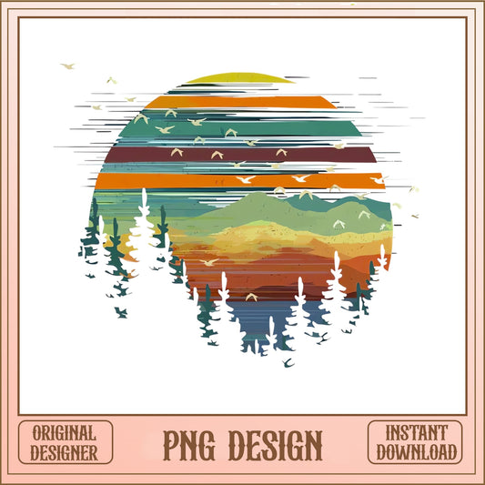 Retro Sunset Mountain Nature Scene PNG, Outdoor PNG, Forest PNG