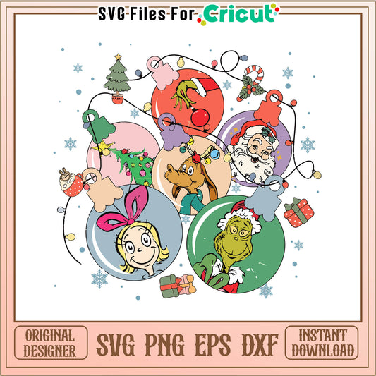 Retro christmas balls grinch friends svg, faces of the grinch svg