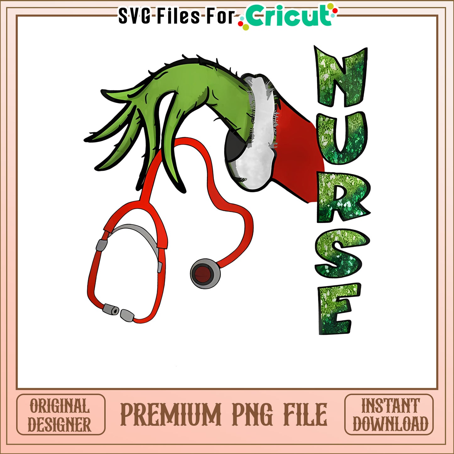 Retro grinch nurse stethoscope png, retro christmas clipart​ png