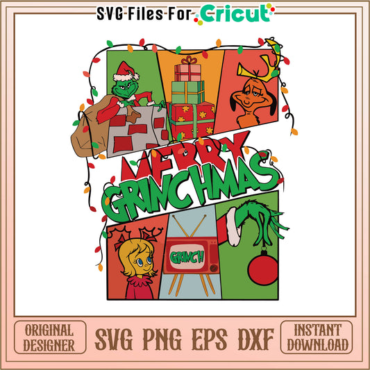 Retro merry grinchmas lights svg, grinch characters cartoon svg