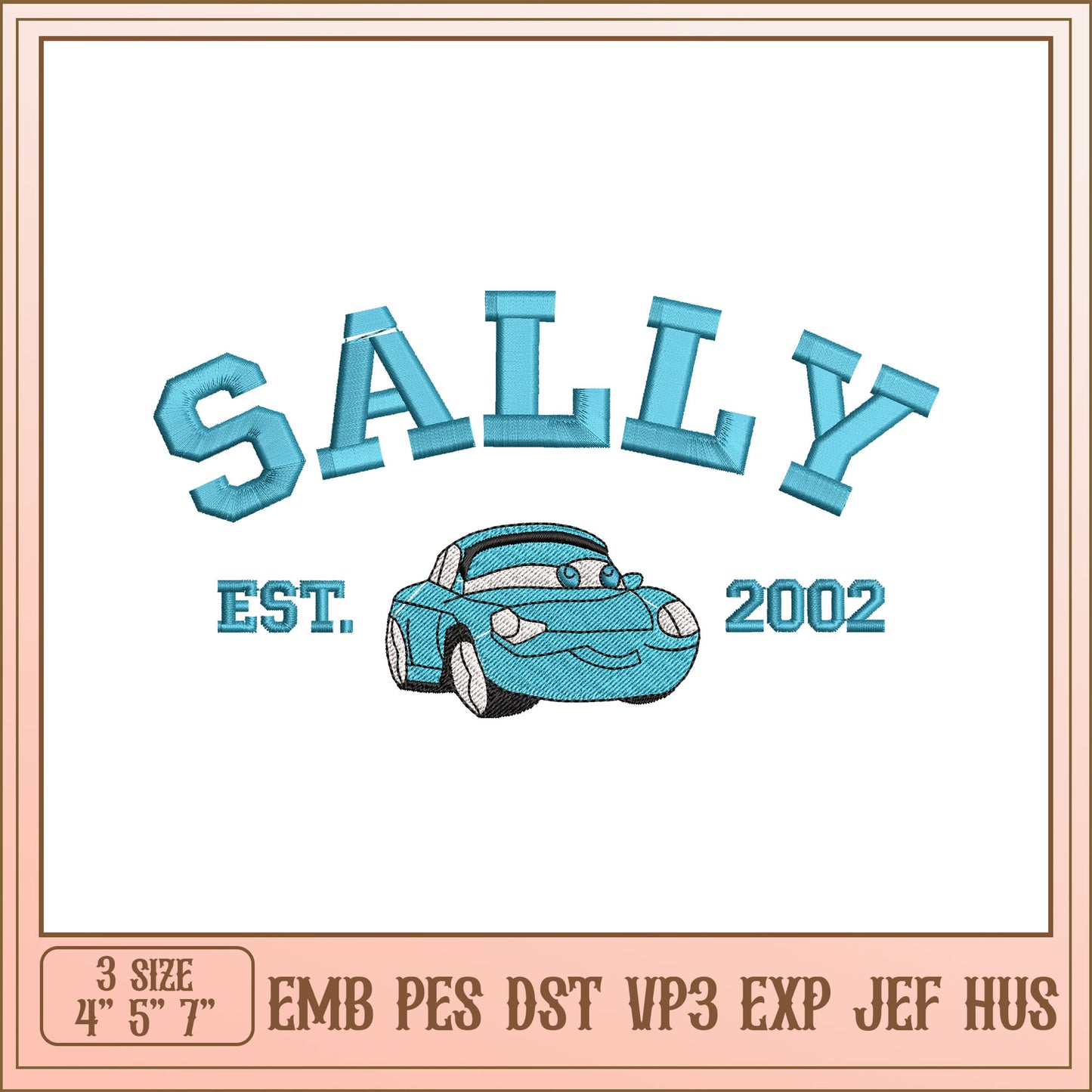 Sally Car Embroidery Design with Established Year 2002