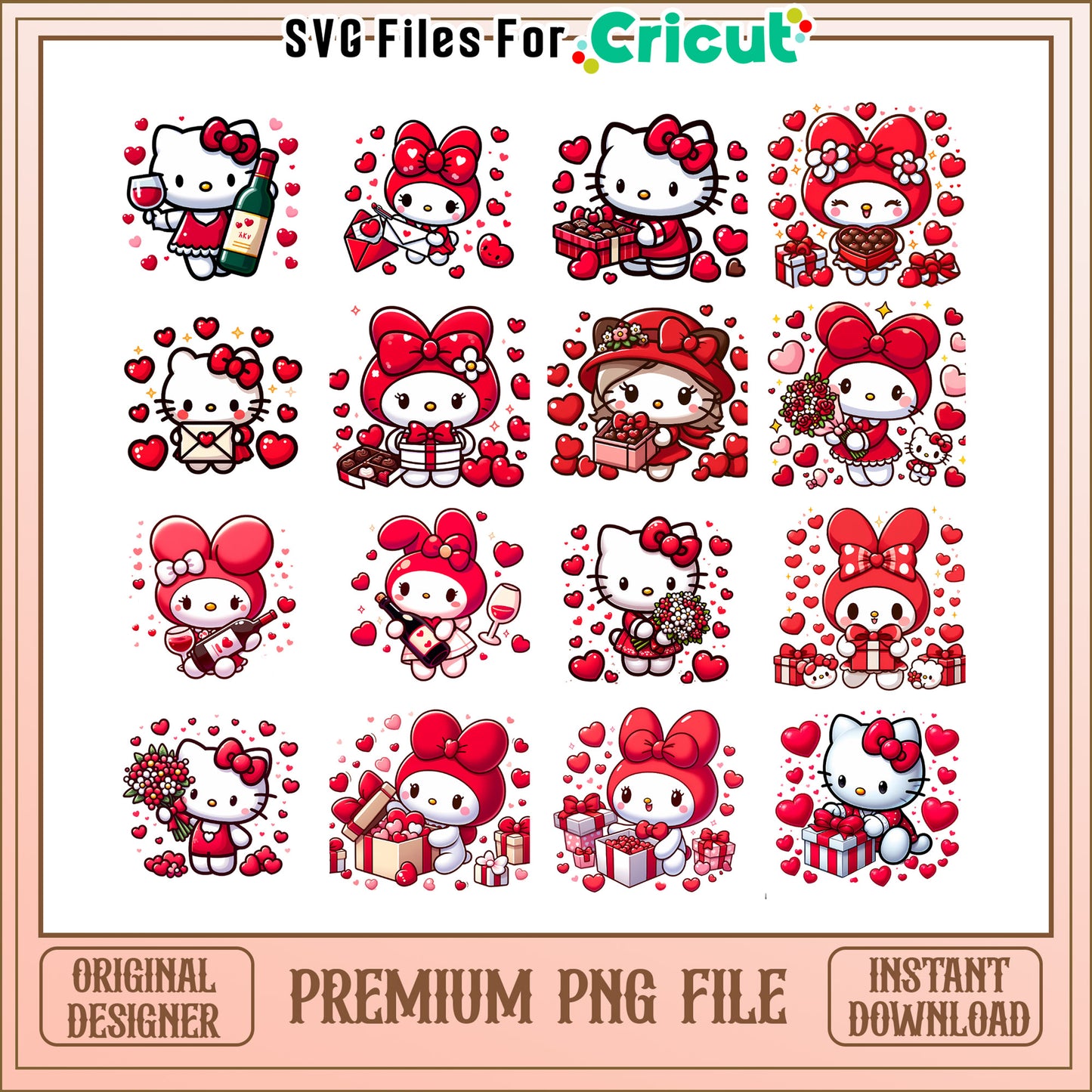 Kitty and melody love valentine bundle png, sanrio valentine​​​ png