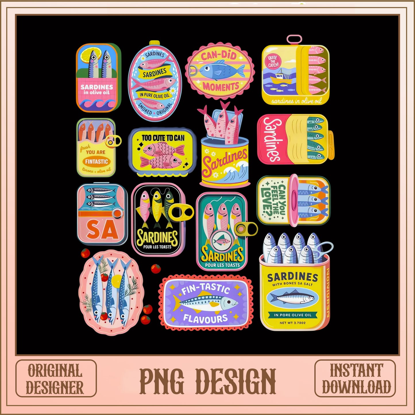 Sardines Can Clipart PNG Bundle, Funny Fish Sticker PNG, Retro PNG