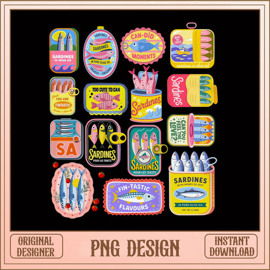 Sardines Can Clipart PNG Bundle, Funny Fish Sticker PNG, Retro PNG