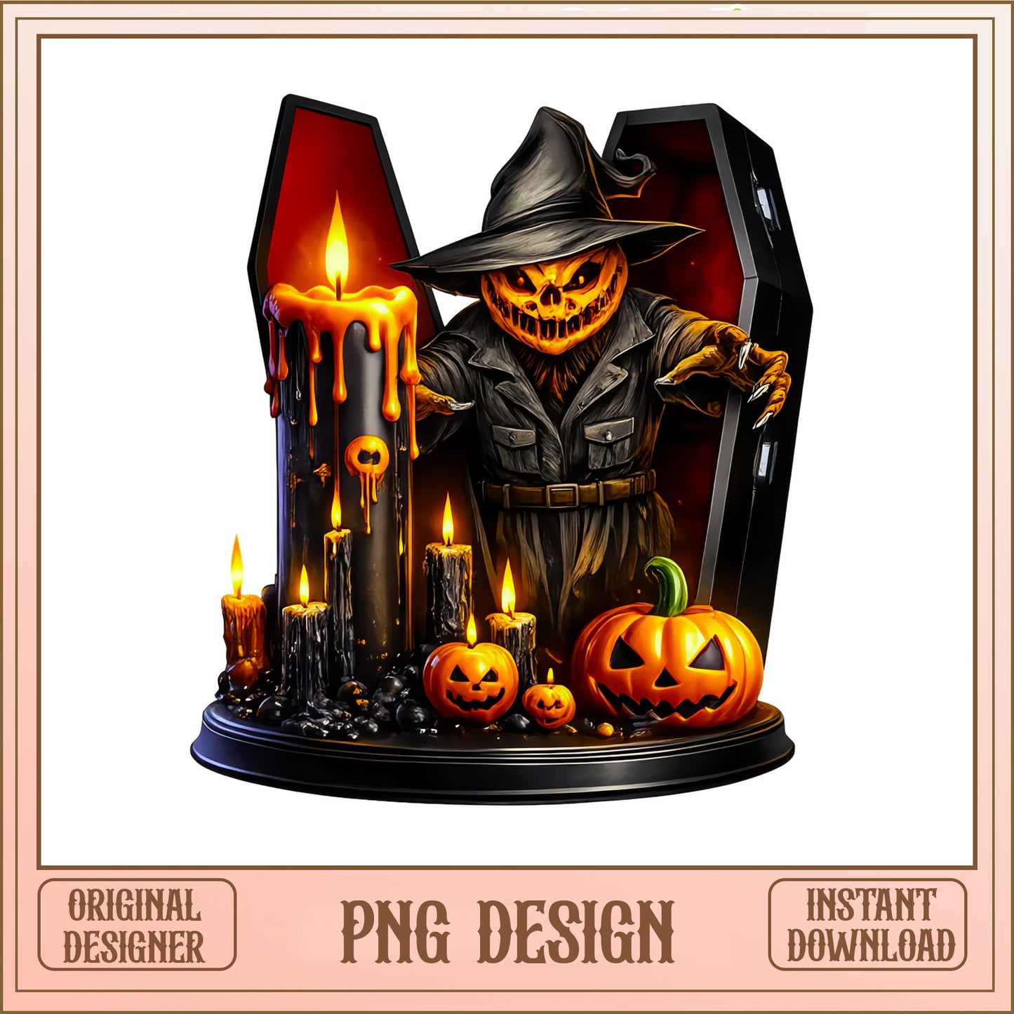 Scarecrow Halloween PNG, Pumpkin Coffin Candle Clipart, Halloween PNG